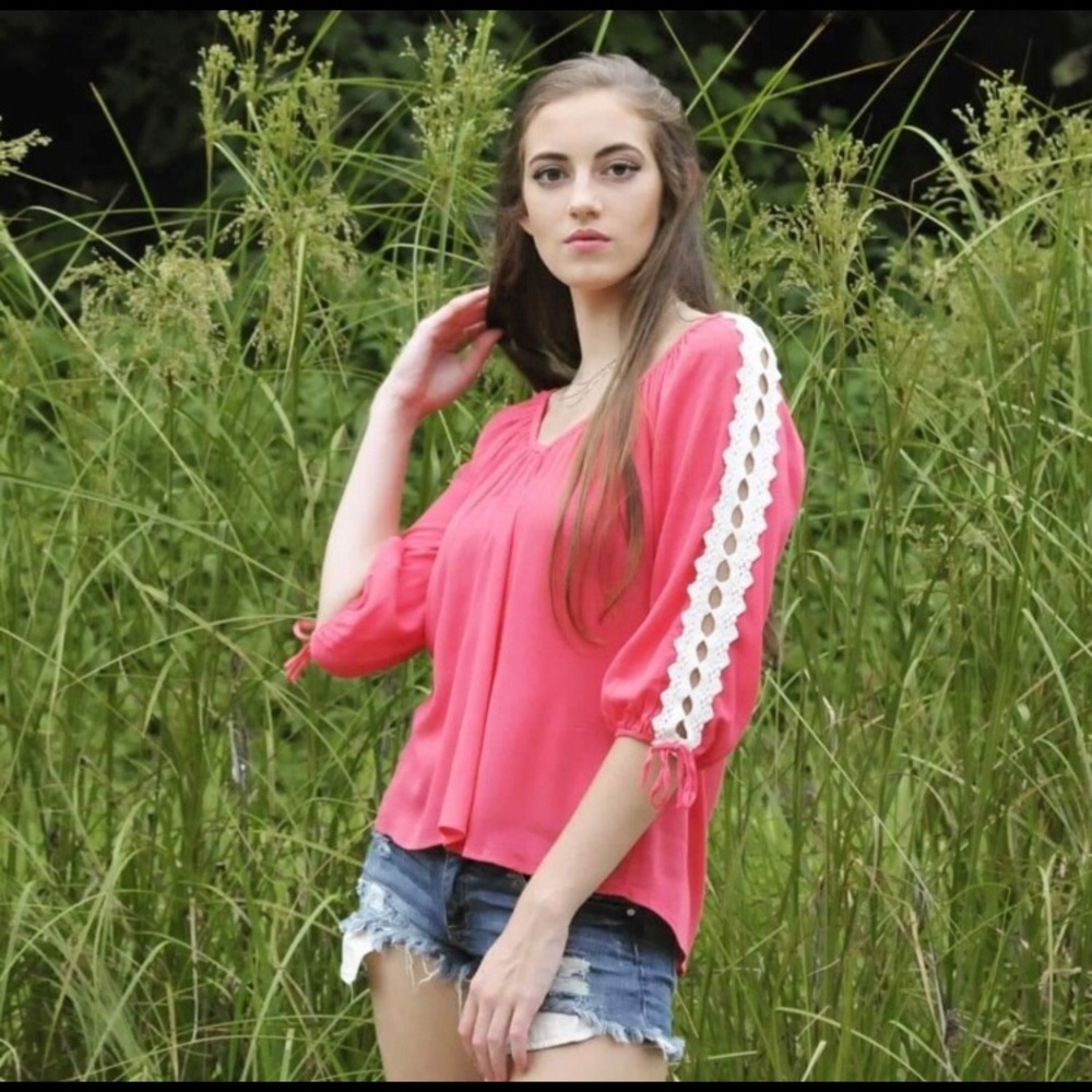 Beautiful Pink Coral Crochet 3/4 Sleeve Tie Top